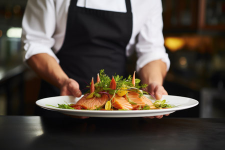 waiter serving smoked salmon dish in a restaurantの素材
