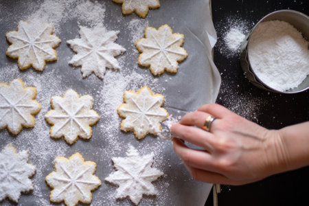 top view shot of a person icing sugar cookiesの素材