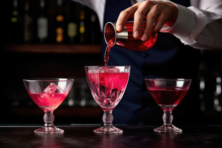 bartender pouring a cosmopolitan cocktail into two glassesの素材