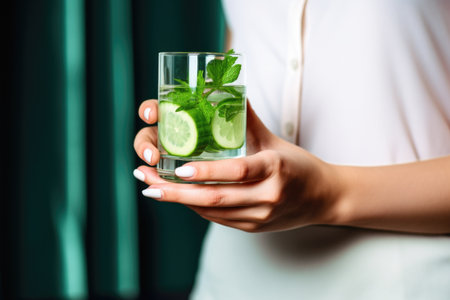 a person holding a glass of water infused with cucumber and mintの素材