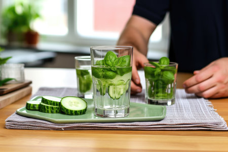 a glass of cucumber-mint water on a table in front of a manの素材