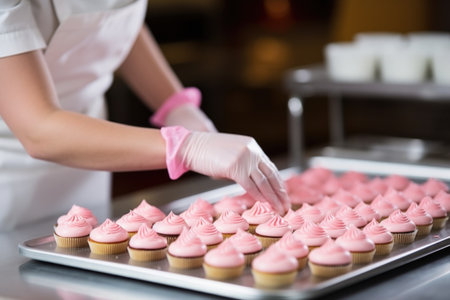 baker frosting delicate cupcakes in bakeryの素材