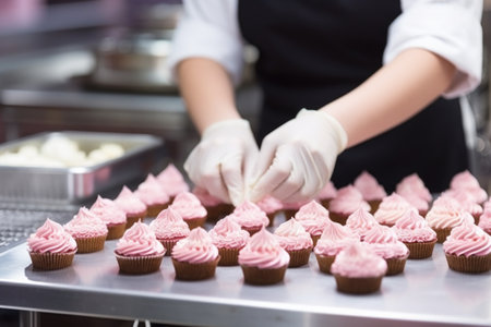baker frosting delicate cupcakes in bakeryの素材
