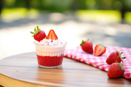 strawberry cupcake on a picnic tableの素材