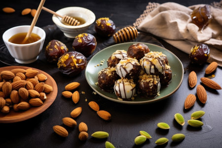 decorating dates and nut balls with drizzled honeyの素材