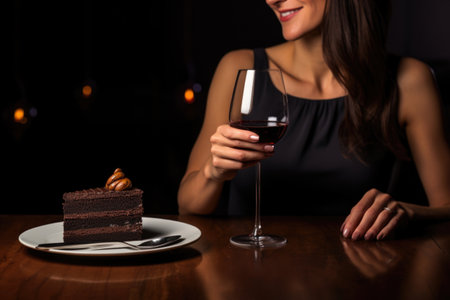 woman enjoying dessert wine paired with a chocolate cakeの素材