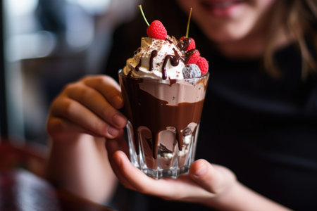 chocolate sundae being savored by a teenagerの素材
