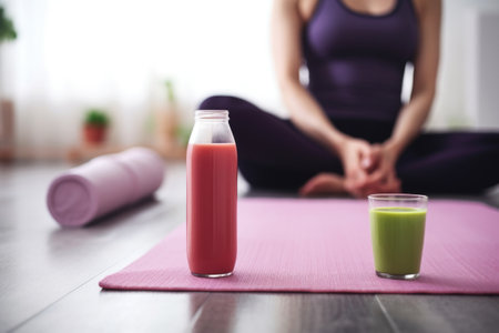 detox smoothie beside a woman doing yoga on a matの素材