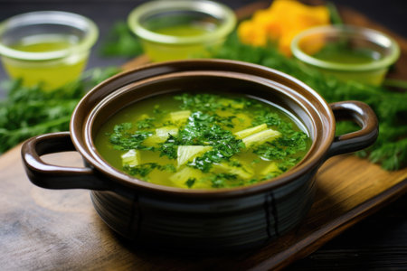 detox soup served hot with garnishの素材