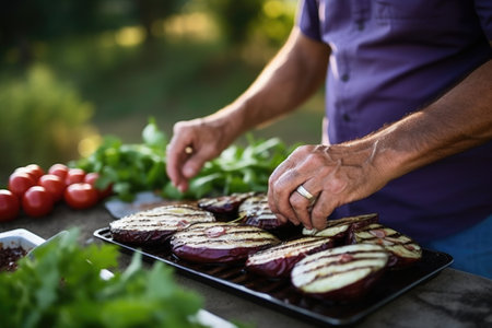 adult grilling eggplants outdoorsの素材