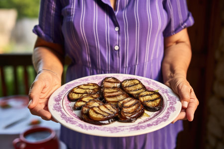 woman offering a plate of freshly grilled eggplants to the cameraの素材