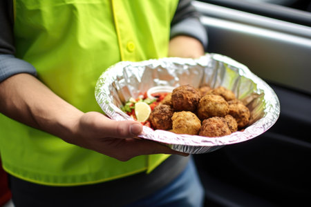 delivery driver holding a falafel bowl package for a customerの素材