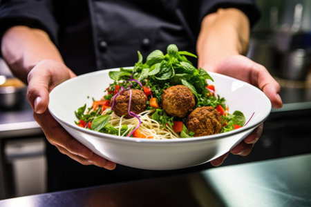 chef garnishing a freshly made falafel bowlの素材