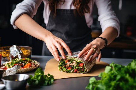 woman wrapping a falafel sandwich in a foilの素材