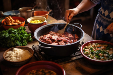 cook stirring feijoada in a rustic kitchenの素材