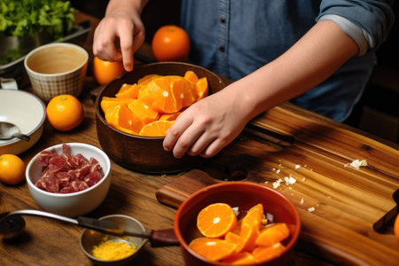 person slicing oranges as side dish for feijoadaの素材