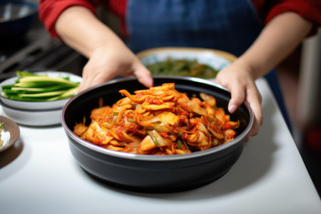 woman serving a dish complemented with kimchiの素材