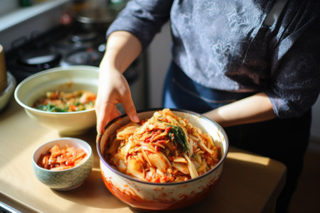 woman serving a dish complemented with kimchiの素材