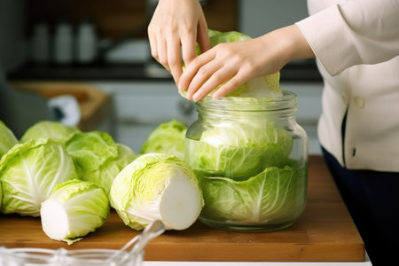 woman filling a jar with freshly cut cabbage for kimchiの素材