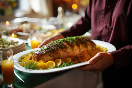 waiter serving citrus-glazed fish to dinner guestsの素材