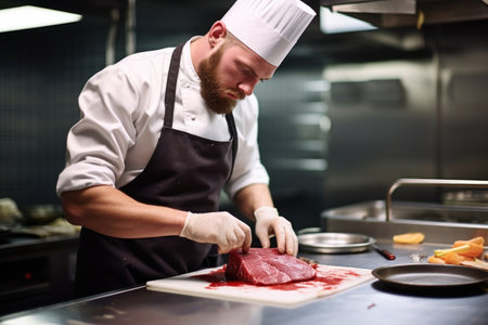 cook in a professional kitchen checking a fish steakの素材
