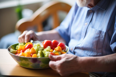 elderly person indulges in a bowl of fruit saladの素材