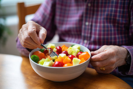 elderly person indulges in a bowl of fruit saladの素材
