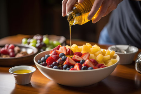 man drizzles honey over a bowl of fruit saladの素材