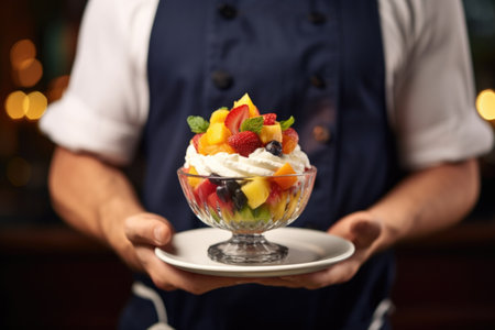 waiter serving a fruit salad as a healthy dessertの素材