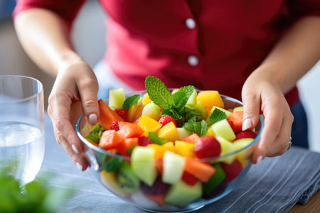 woman garnishing a fruit salad with fresh mintの素材