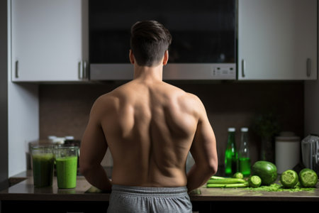 back view of man contemplating with green juiceの素材
