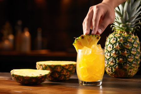 bartender garnishing pineapple juice with a pineapple sliceの素材
