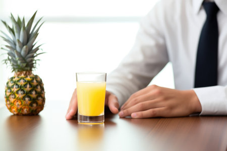 a glass of pineapple juice on a businessmans deskの素材