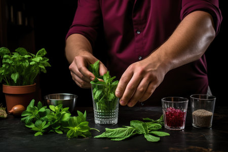 man adding mint leaves into a glass of pomegranate juiceの素材