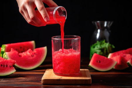 person pouring squeezed watermelon juice into a glassの素材