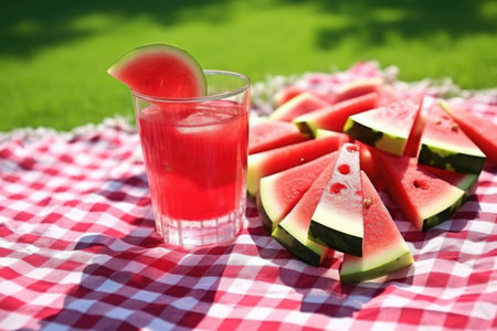 watermelon slices and a glass of juice on a summer picnic blanketの素材