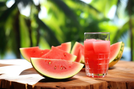 slice of juicy watermelon and glass of juice in a tropical settingの素材