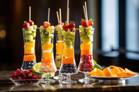 fruit skewers presented elegantly on a glass tableの素材