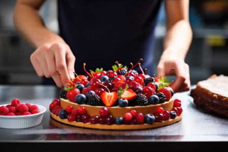 young chef placing berries on tartの素材