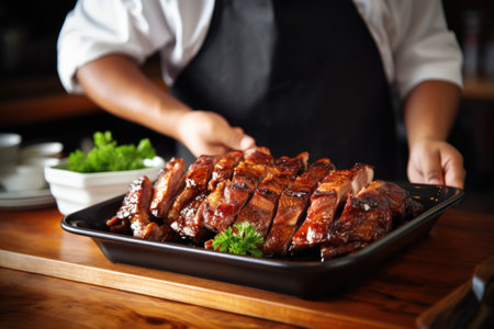 waiter serving dish of glazed pork ribs at a restaurantの素材