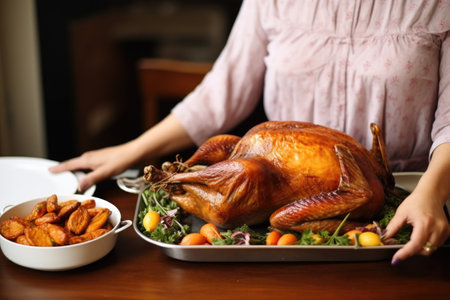 woman presenting a platter of roast duckの素材