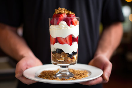 greek yogurt parfait being served by a waiterの素材