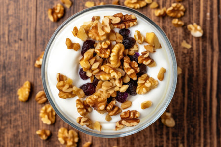top view of a greek yogurt parfait garnished with walnutsの素材
