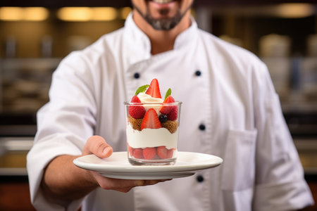professional chef presenting a greek yogurt parfaitの素材
