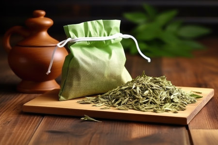 bag with green tea leaves spilling onto wooden tableの素材