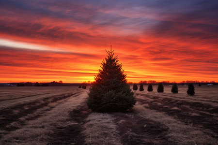 an undecorated christmas tree at a tree farm with a sunset skyの素材