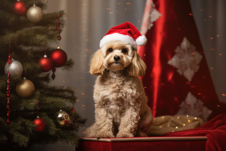 a dog wearing a santa hat sitting next to a christmas treeの素材