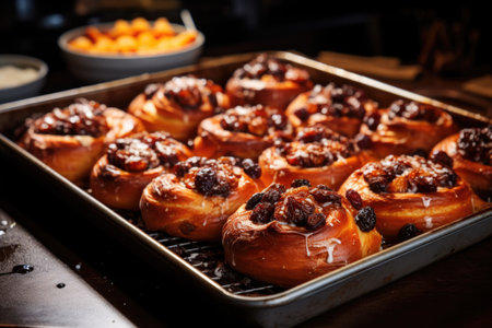cinnamon buns on a baking tray coming out of the ovenの素材