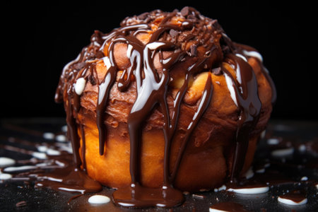 close-up of a cinnamon bun showcasing the swirls and icingの素材