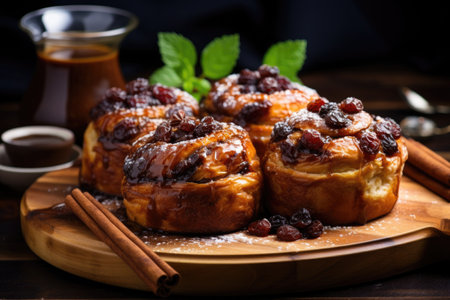 freshly baked cinnamon buns on a rustic wooden trayの素材